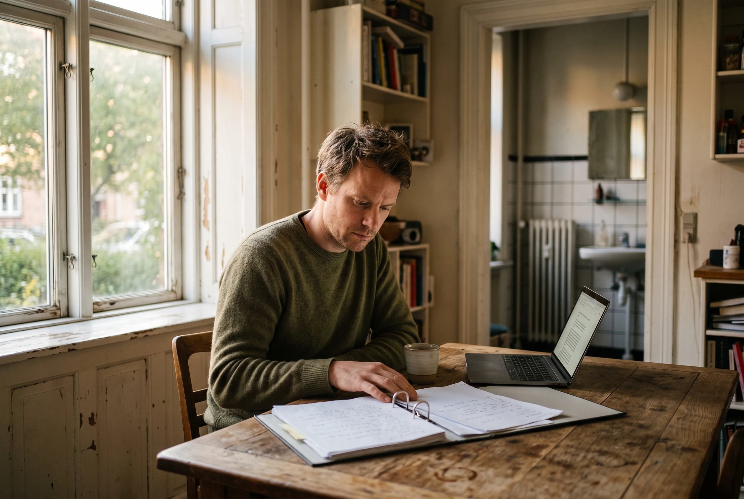 En mand sidder alene ved et køkkenbord med en åben ringbind-mappe med papirer og en bærbar computer, mens eftermiddagslyset falder ind ad vinduet og badeværelsesdøren står åben bag ham