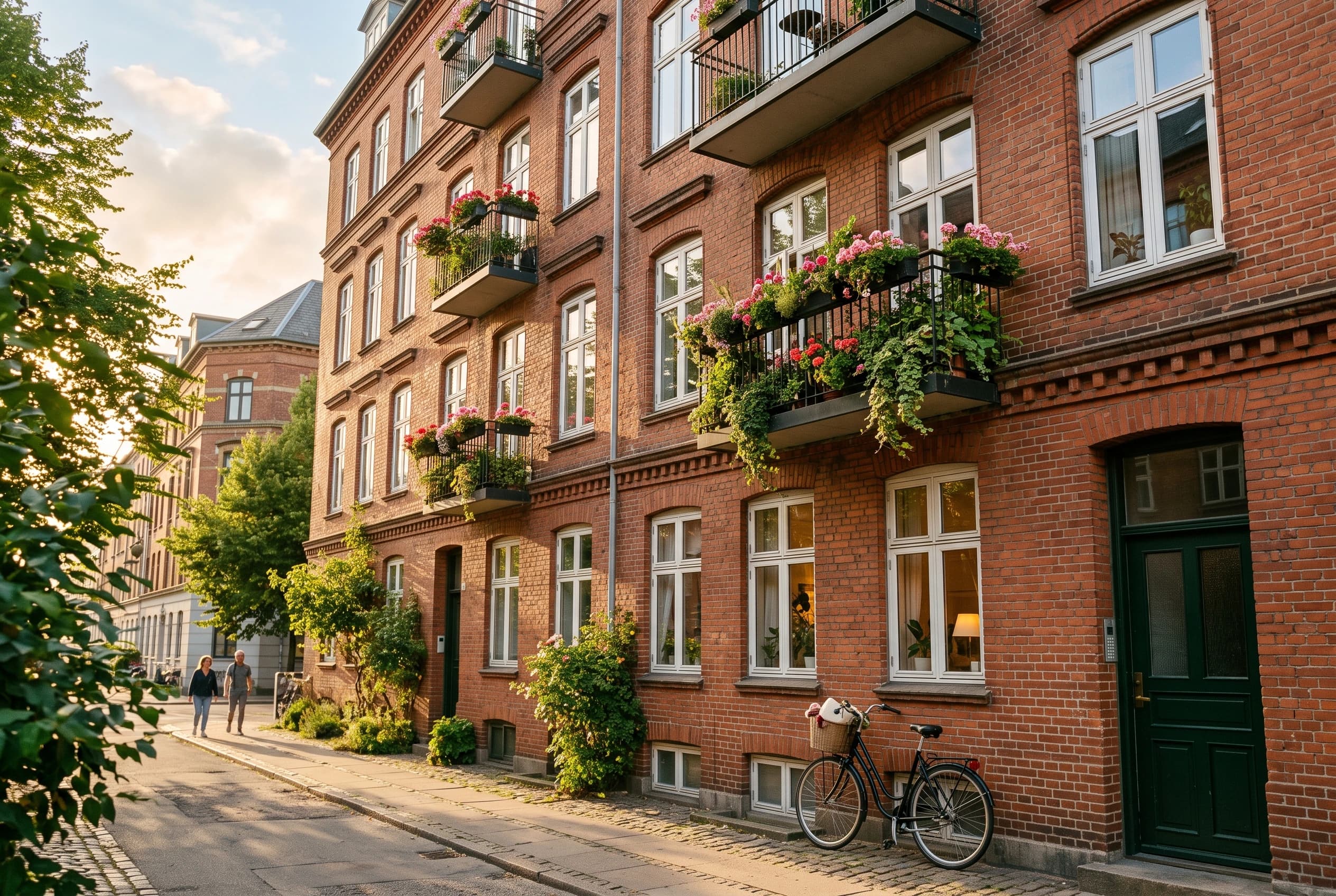 Facade på klassisk københavnsk etageejendom med altaner og cykel ved fortovet