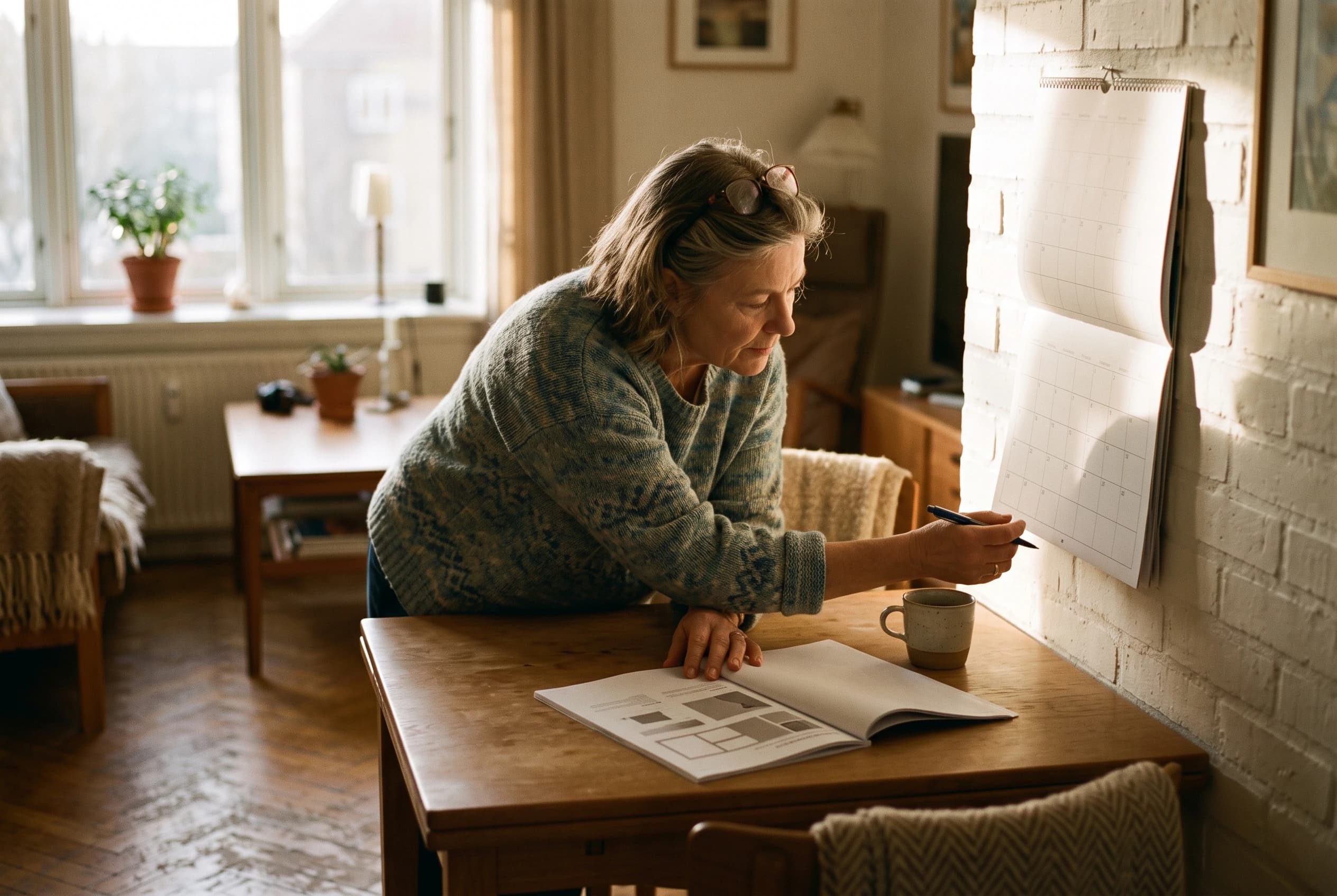 Et bestyrelsesmedlem står bøjet over spisebordet med en energimærkningsrapport slået op og noterer udløbsåret på en vægkalender
