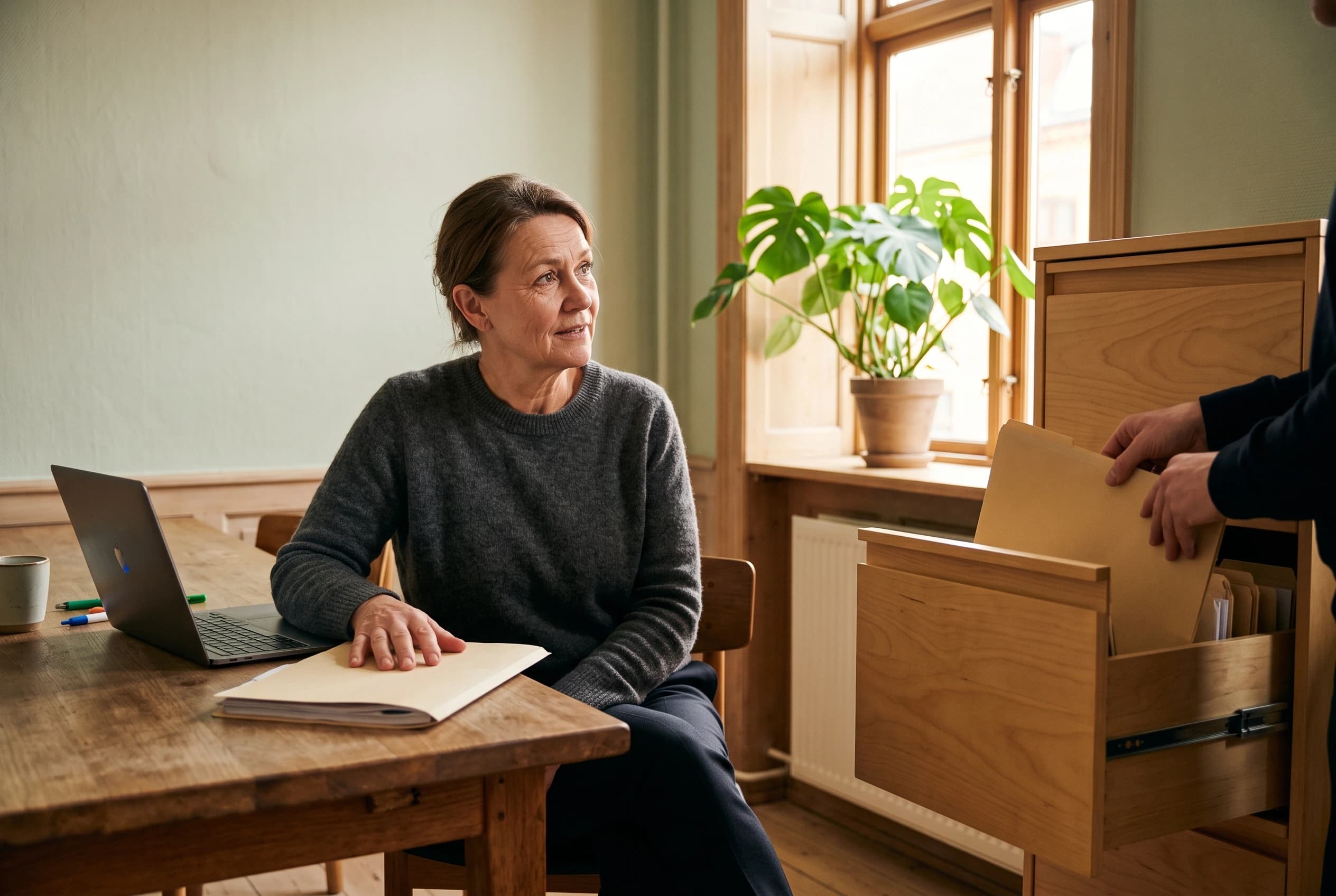 Kvinde ved et bord med en lukket mappe og en bærbar computer, mens en anden person lægger en mappe tilbage i en åben arkivskuffe i eftermiddagslys