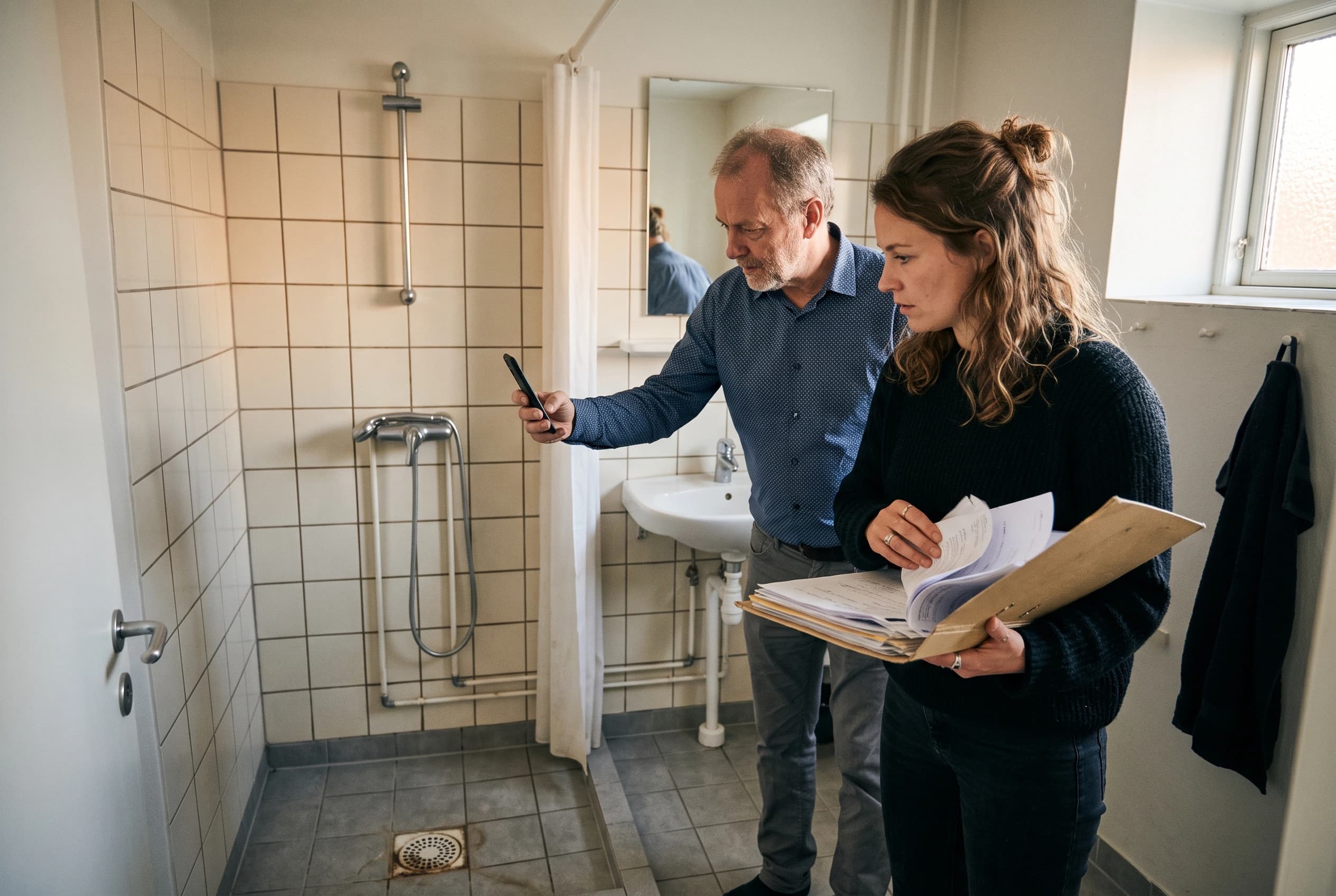 Køber og sælger gennemgår et badeværelse sammen med en mappe med papirer og en telefon i hånden