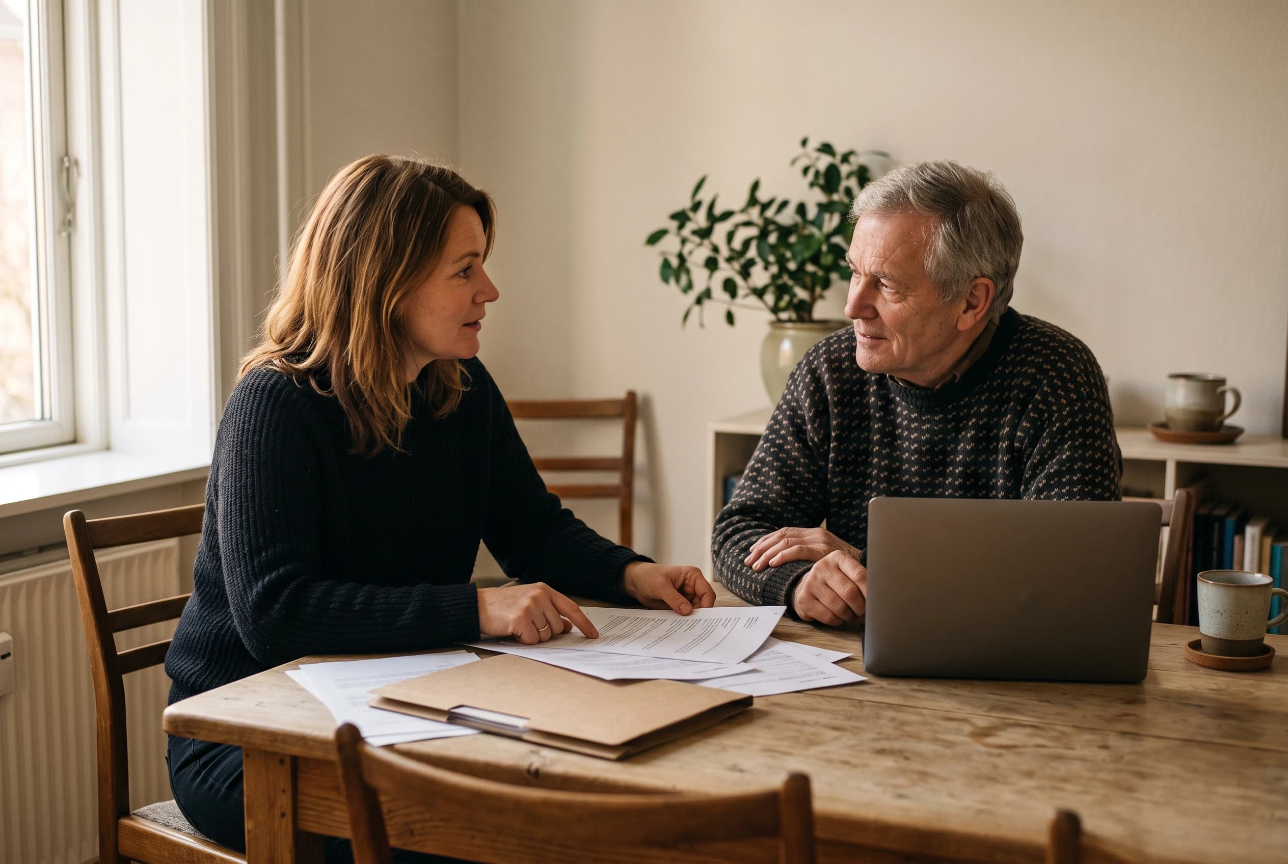 Sælger og et bestyrelsesmedlem sidder ved et spisebord med papirer, en mappe og en bærbar computer mellem sig