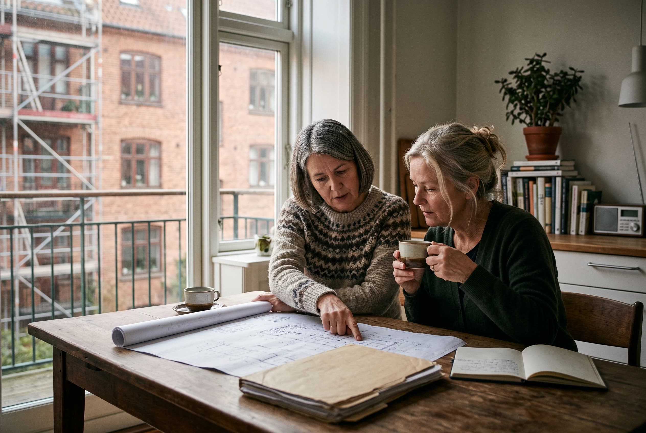 To beboere gennemgår tegninger og en mappe med papirer ved et køkkenbord med udsigt til en ejendom med stillads