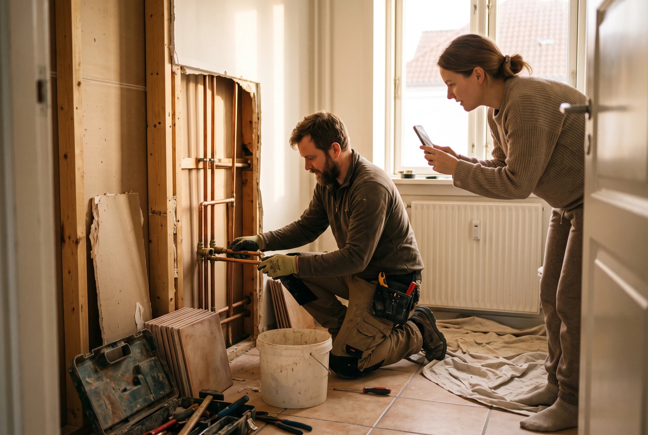 VVS-montør arbejder på vandrør i en åben væg under en badeværelsesrenovering, mens beboeren fotograferer installationen med sin telefon